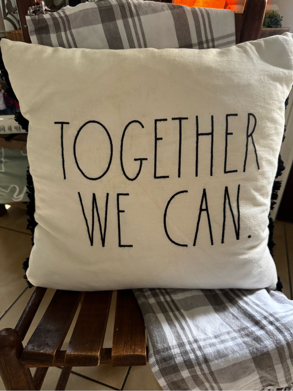 Cream Throw Pillow with "TOGETHER WE CAN" RAE DUNN